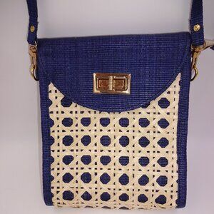 Small Blue Tan Soli & Sun Woven Rattan Weave Tote Shoulder Bag Purse Handbag